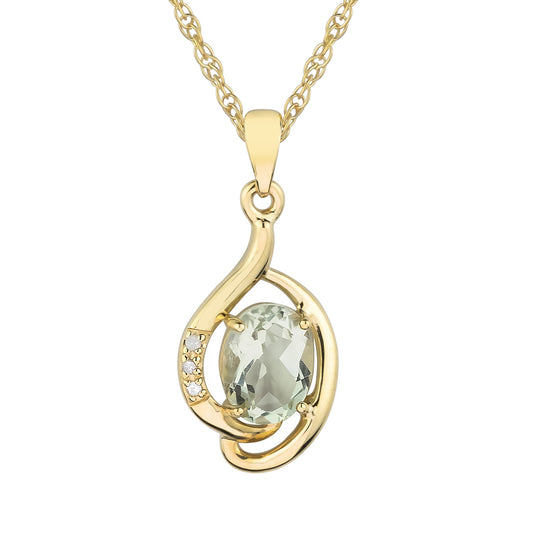 10k Yellow Gold Genuine Oval Green Amethyst and Diamond Pendant Necklace