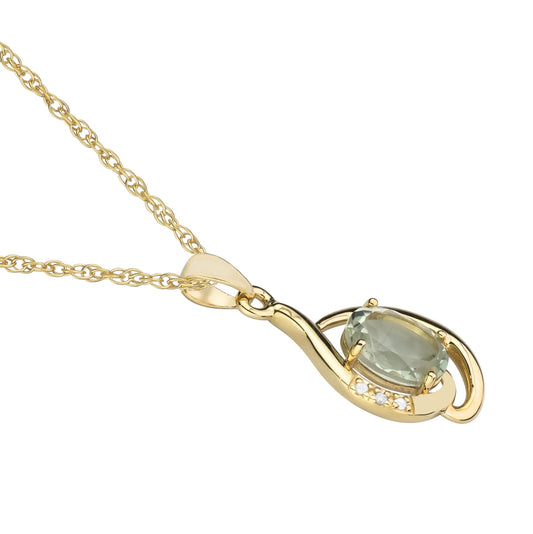 10k Yellow Gold Genuine Oval Green Amethyst and Diamond Pendant Necklace