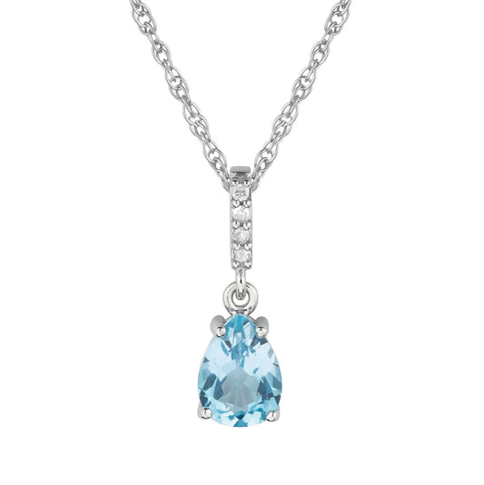 10k White Gold Genuine Pear Shape Blue Topaz and Diamond Drop Pendant Necklace
