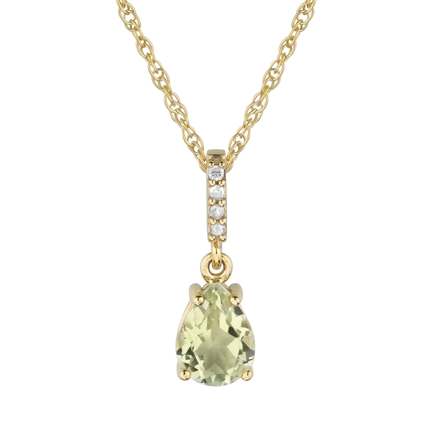 10k Yellow Gold Genuine Pear Shape Green Amethyst and Diamond Drop Pendant Necklace