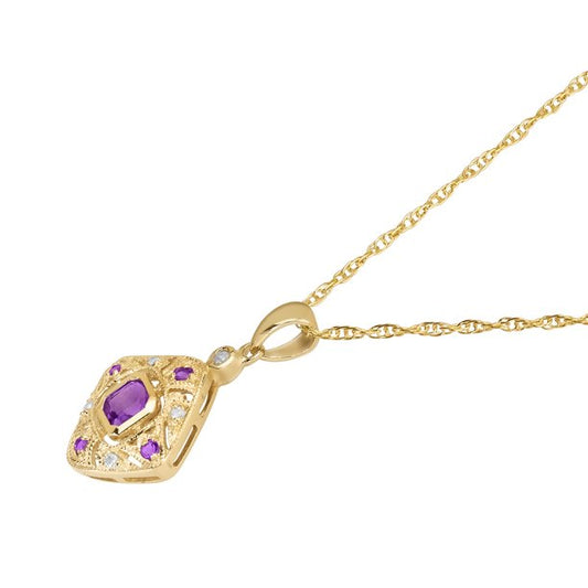 10k Yellow Gold Vintage Style Amethyst and Diamond Pendant Necklace