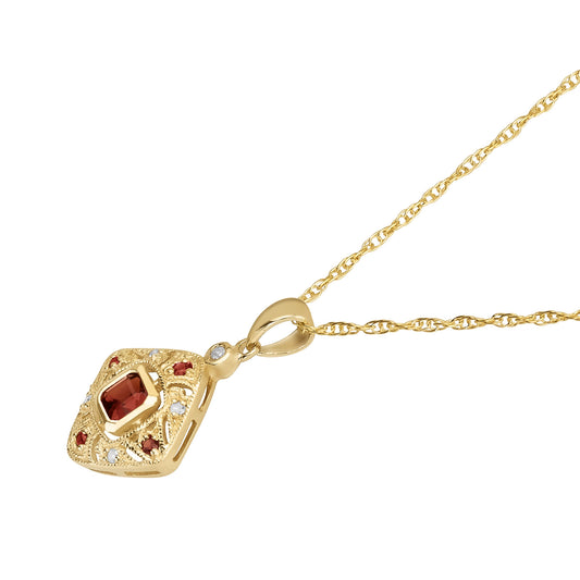 10k Yellow Gold Vintage Style Garnet and Diamond Pendant Necklace