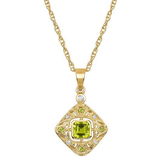 10k Yellow Gold Vintage Style Peridot and Diamond Pendant Necklace