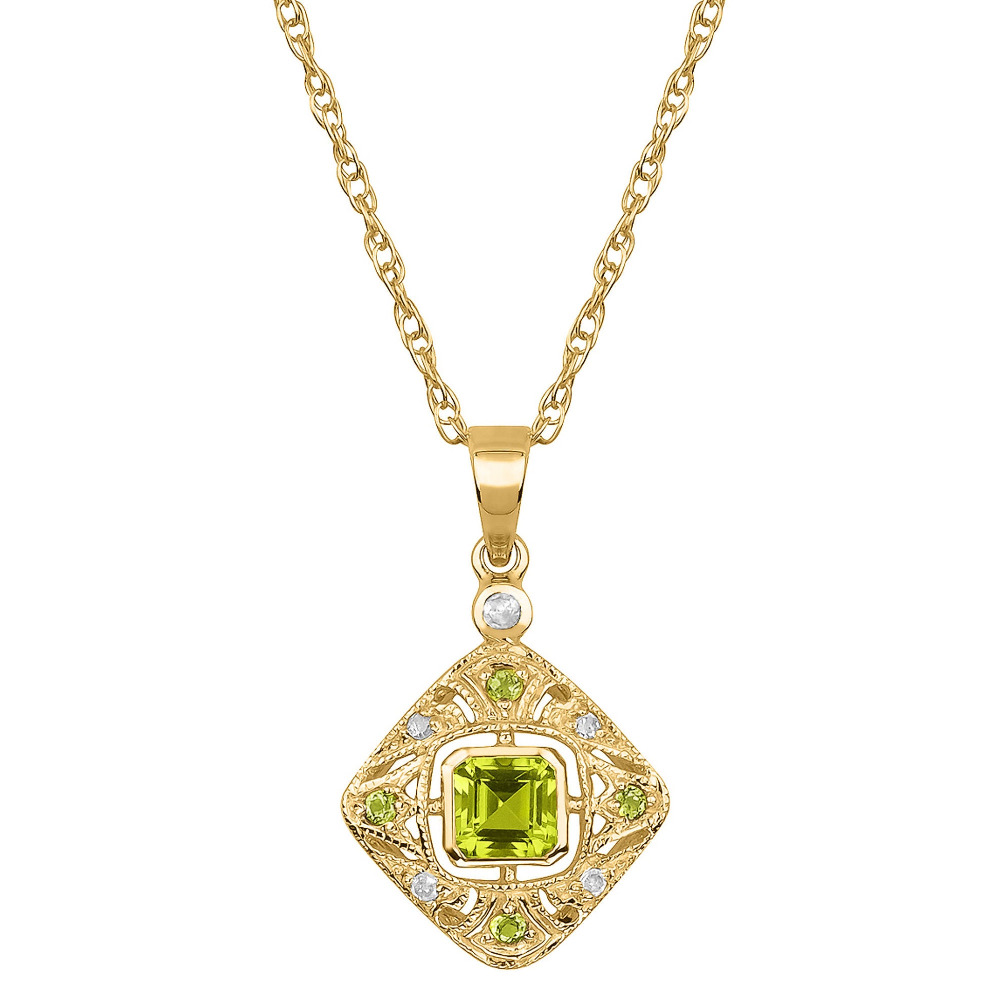 10k Yellow Gold Vintage Style Peridot and Diamond Pendant Necklace