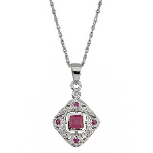 10k White Gold Vintage Style Ruby and Diamond Pendant Necklace
