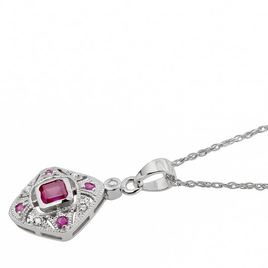 10k White Gold Vintage Style Ruby and Diamond Pendant Necklace