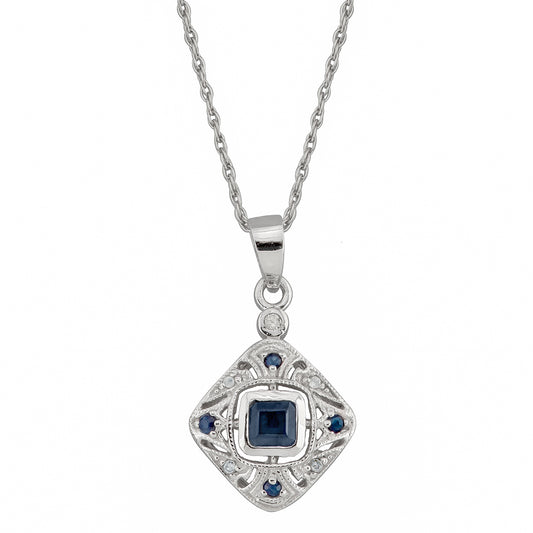 10k White Gold Vintage Style Sapphire and Diamond Pendant Necklace