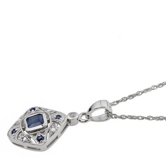 10k White Gold Vintage Style Sapphire and Diamond Pendant Necklace