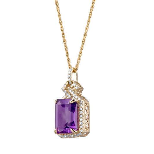 10k Yellow Gold Emerald cut Amethyst and Diamond Halo Necklace