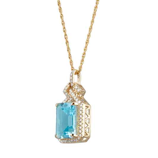 10k Yellow Gold Emerald cut Blue Topaz and Diamond Halo Necklace