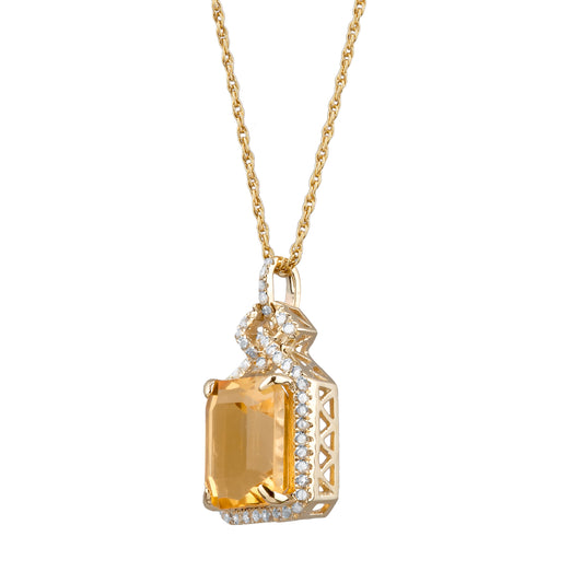 10k Yellow Gold Emerald cut Citrine and Diamond Halo Necklace