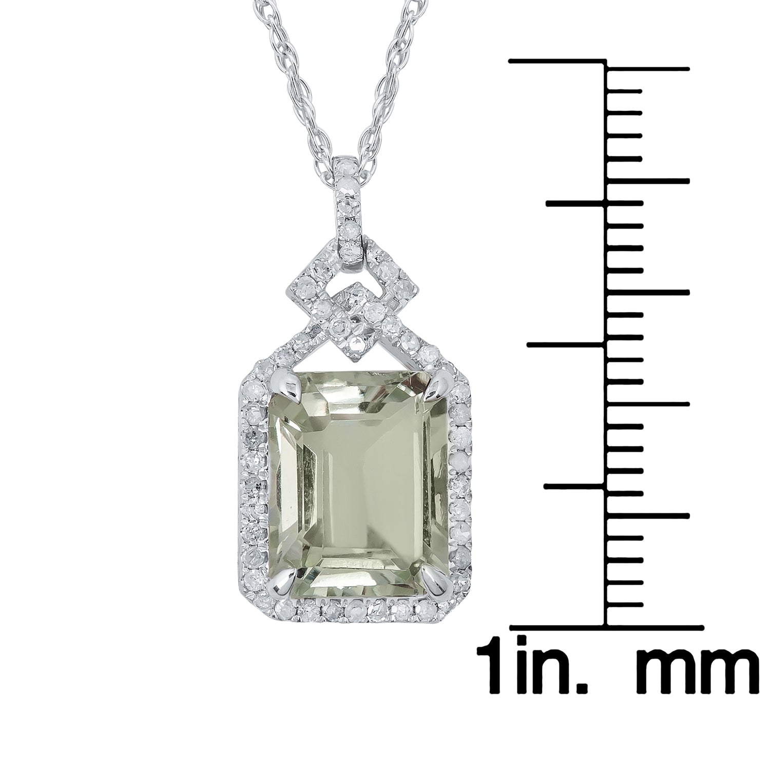 10k White Gold Emerald cut Green Amethyst and Diamond Halo Necklace