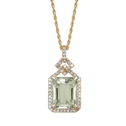 10k Yellow Gold Emerald cut Green Amethyst and Diamond Halo Necklace