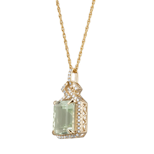 10k Yellow Gold Emerald cut Green Amethyst and Diamond Halo Necklace