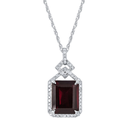 10k White Gold Emerald cut Garnet and Diamond Halo Necklace