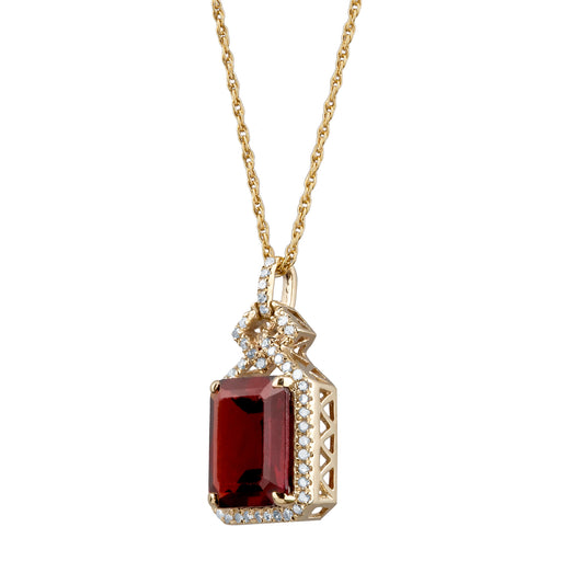 10k Yellow Gold Emerald cut Garnet and Diamond Halo Necklace