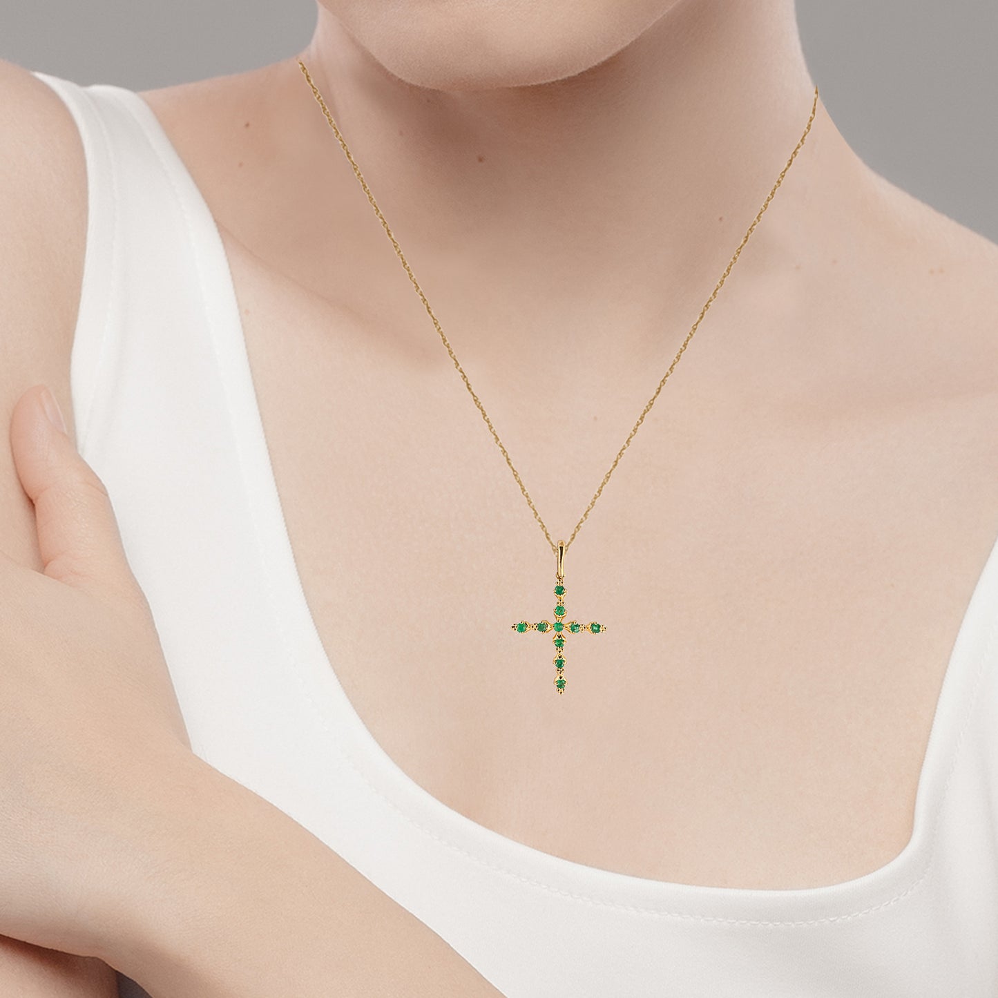 10k Yellow Gold Genuine Emerald Cross Pendant Necklace