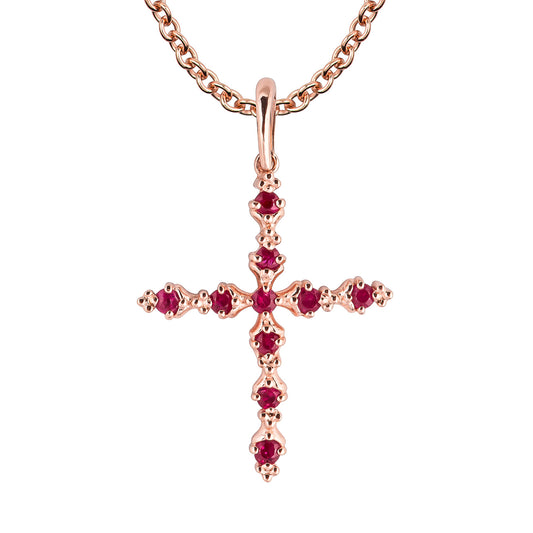 10k Rose Gold Genuine Ruby Cross Pendant Necklace