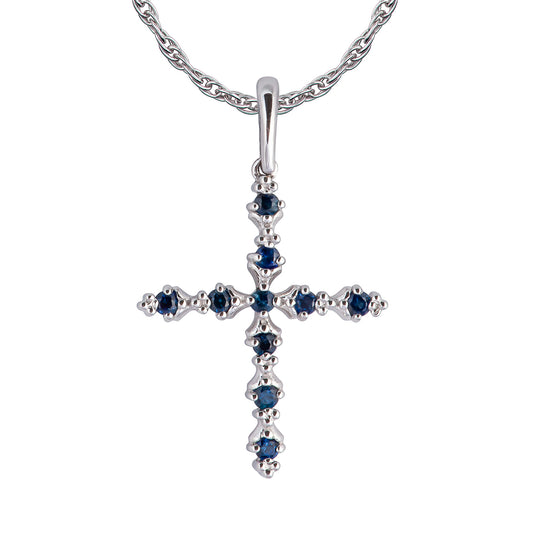 10k White Gold Genuine Sapphire Cross Pendant Necklace