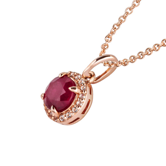 10k Rose Gold Genuine Round Ruby and White Topaz Halo Pendant Necklace