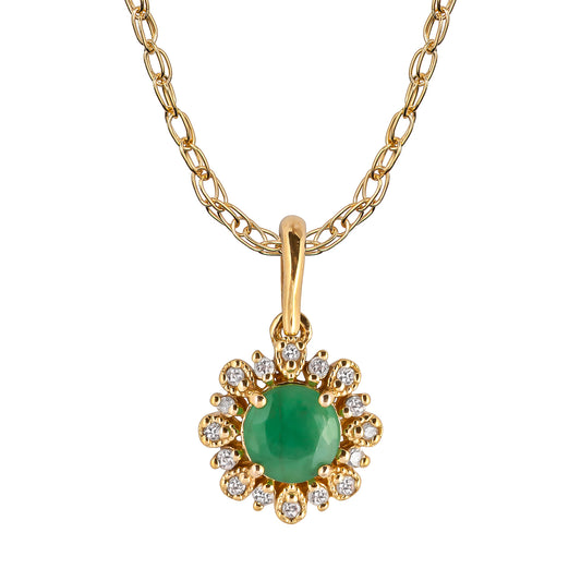 10k Yellow Gold Genuine Round Emerald and Diamond Vintage Style Halo Pendant Necklace