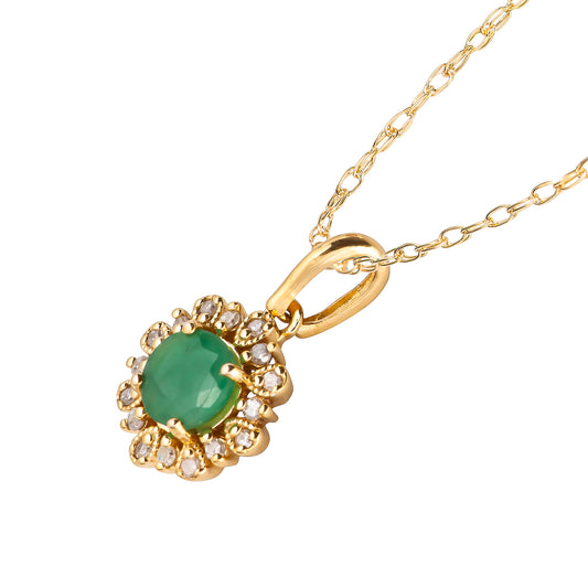 10k Yellow Gold Genuine Round Emerald and Diamond Vintage Style Halo Pendant Necklace