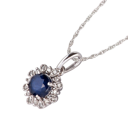 10k White Gold Genuine Round Sapphire and Diamond Vintage Style Halo Pendant Necklace