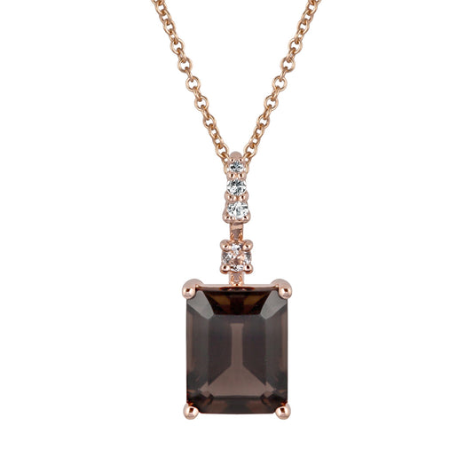 10k Rose Gold Genuine Emerald Cut Smoky Quartz Pendant Necklace