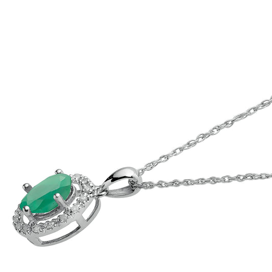 10k White Gold Oval Emerald and Diamond Halo Necklace