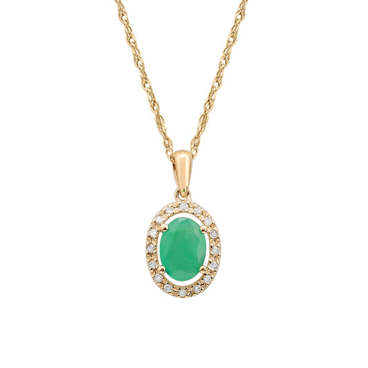 10k Yellow Gold Oval Emerald and Diamond Halo Necklace