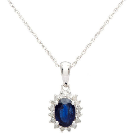 10k White Gold Oval Blue Sapphire and Diamond Halo Necklace