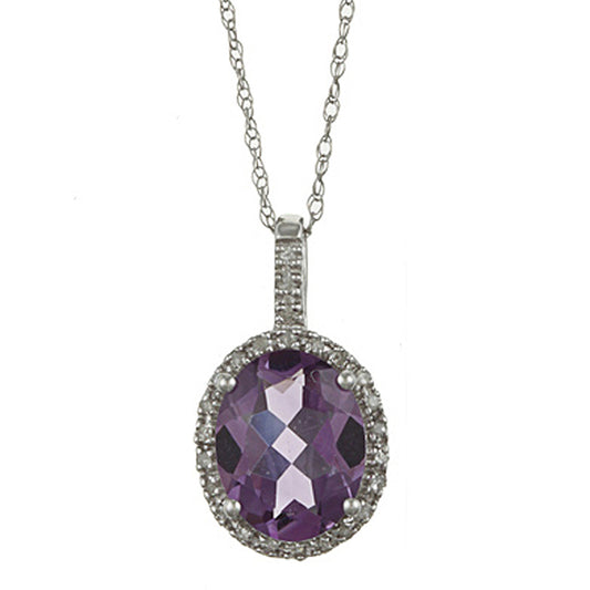 10k White Gold Oval Amethyst and Diamond Halo Pendant Necklace