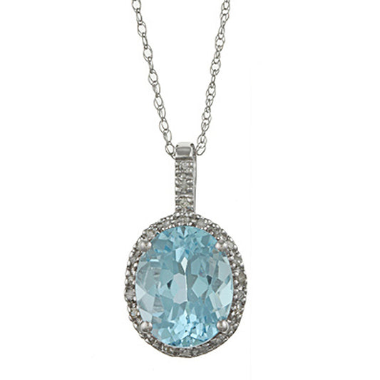10k White Gold Oval Blue Topaz and Diamond Halo Pendant Necklace
