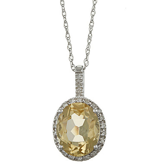 10k White Gold Oval Citrine and Diamond Halo Pendant Necklace