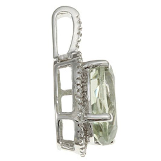 10k White Gold Oval Green Amethyst and Diamond Halo Pendant Necklace