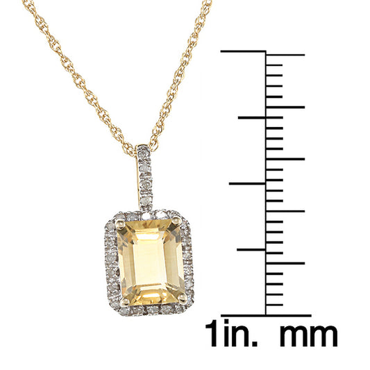 10k Yellow Gold Emerald Cut Citrine and Diamond Halo Pendant Necklace