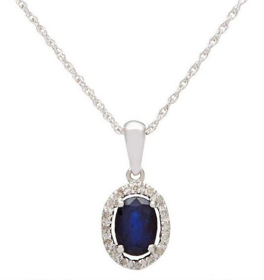 10k White Gold Oval Blue Sapphire and Diamond Halo Necklace