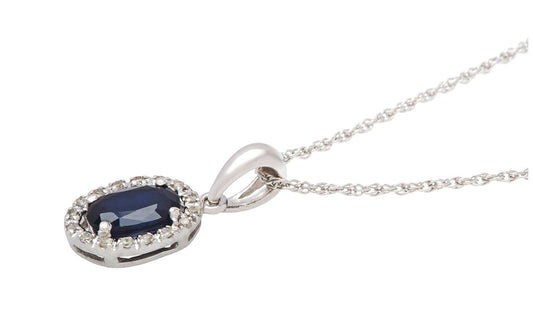 10k White Gold Oval Blue Sapphire and Diamond Halo Necklace