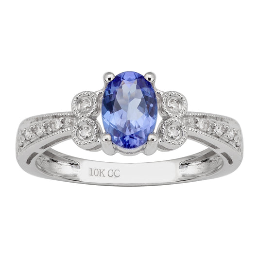 10k White Gold Vintage Style Oval Tanzanite and Diamond Ring
