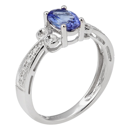 10k White Gold Vintage Style Oval Tanzanite and Diamond Ring