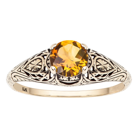 10k Yellow Gold Vintage Style Genuine Round Citrine Scroll Ring