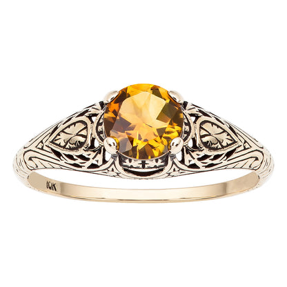 10k Yellow Gold Vintage Style Genuine Round Citrine Scroll Ring
