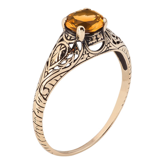 10k Yellow Gold Vintage Style Genuine Round Citrine Scroll Ring