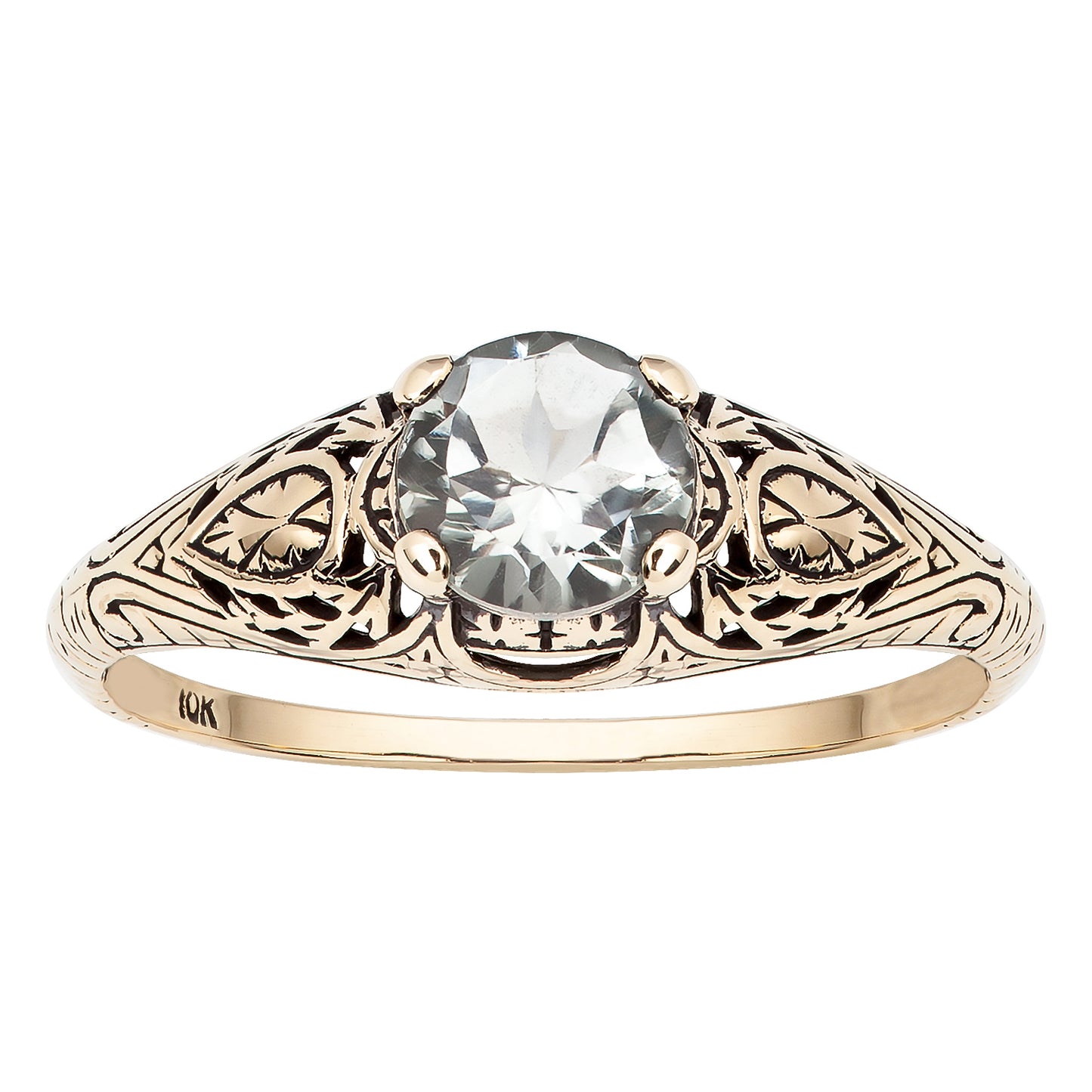 10k Yellow Gold Vintage Style Genuine Round Green Amethyst Scroll Ring
