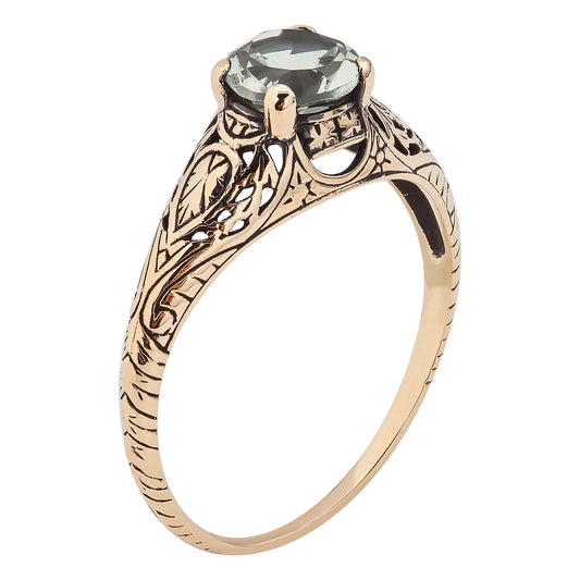 10k Yellow Gold Vintage Style Genuine Round Green Amethyst Scroll Ring