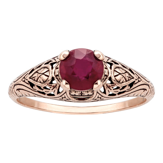 10k Rose Gold Vintage Style Genuine Round Ruby Scroll Ring
