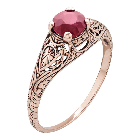 10k Rose Gold Vintage Style Genuine Round Ruby Scroll Ring
