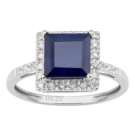 10k White Gold Princess-cut Sapphire and Diamond Halo Ring