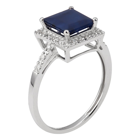 10k White Gold Princess-cut Sapphire and Diamond Halo Ring