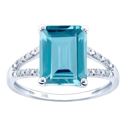 10k White Gold Genuine Emerald-Shape Blue Topaz and Split-Shank Diamond Ring